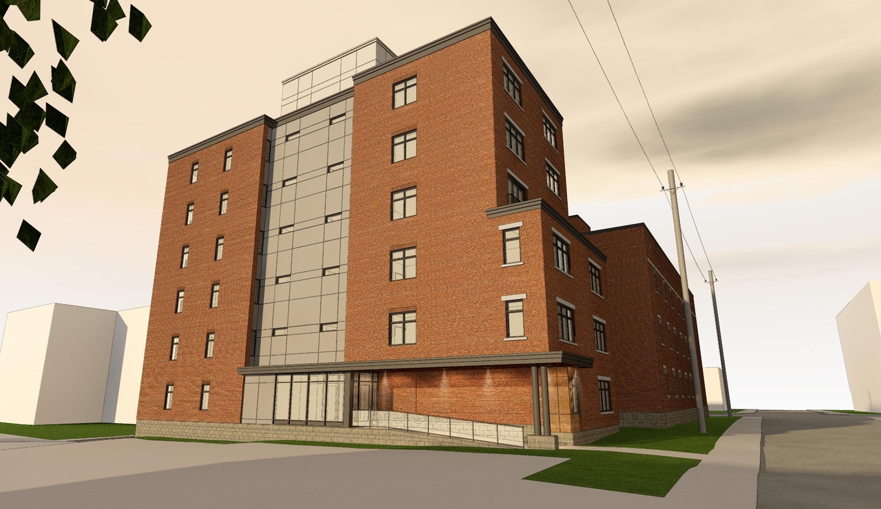 Rendering of building from page 3 of the file '2020-04-22 - REVISED Renderings - D07-12-19-0196'