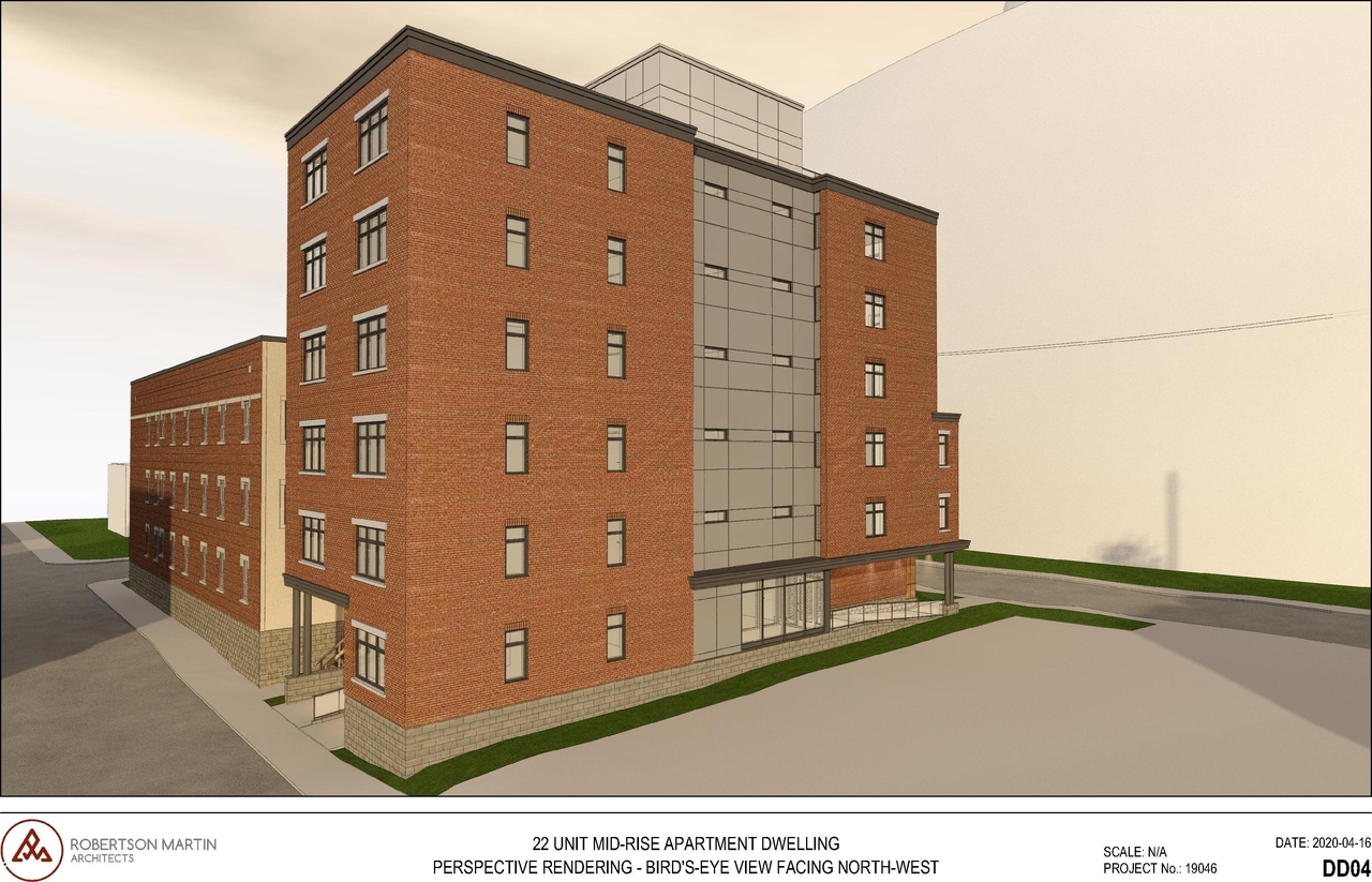 Rendering of building from page 4 of the file '2020-04-22 - REVISED Renderings - D07-12-19-0196'