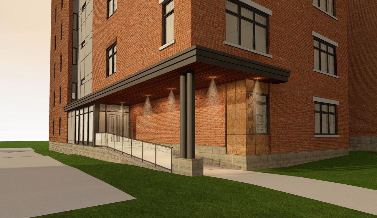 Rendering of building from page 6 of the file '2020-04-22 - REVISED Renderings - D07-12-19-0196'