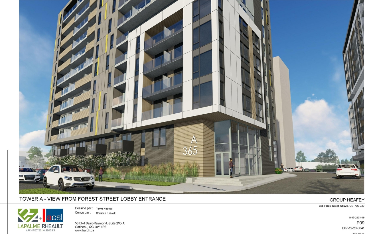 Rendering of building from page 37 of the file '2021-06-23 - Floor Plans and Elevations (2021-05-21)- D07-12-20-0041'
