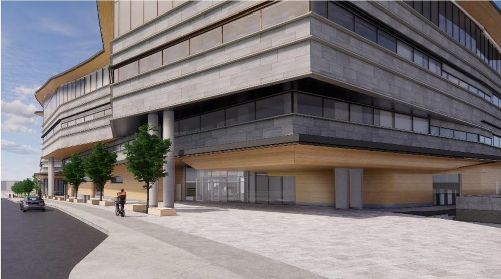 Rendering of building from page 16 of the file '2020-08-05 - Joint Design Review Panel - August 5 - Design Brief FR - D07-12-20-0077'