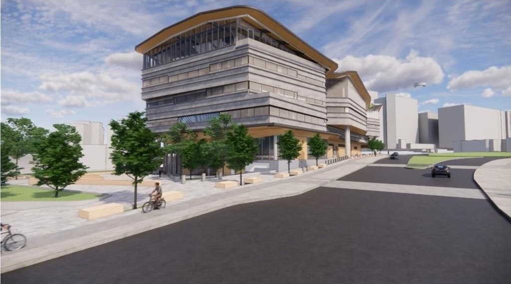 Rendering of building from page 16 of the file '2020-08-05 - Joint Design Review Panel - August 5 - Design Brief FR - D07-12-20-0077'