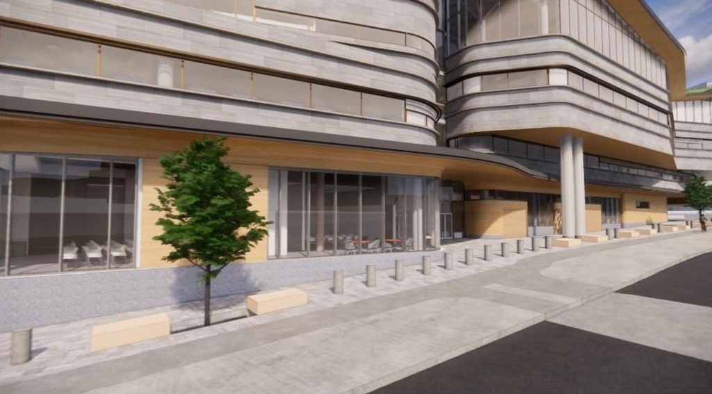 Rendering of building from page 16 of the file '2020-08-05 - Joint Design Review Panel - August 5 - Design Brief FR - D07-12-20-0077'