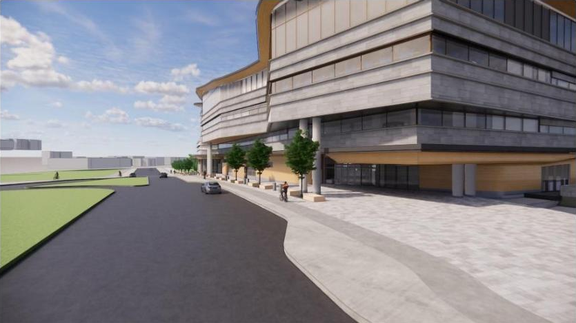 Rendering of building from page 16 of the file '2020-08-05 - Joint Design Review Panel - August 5 - Design Brief FR - D07-12-20-0077'