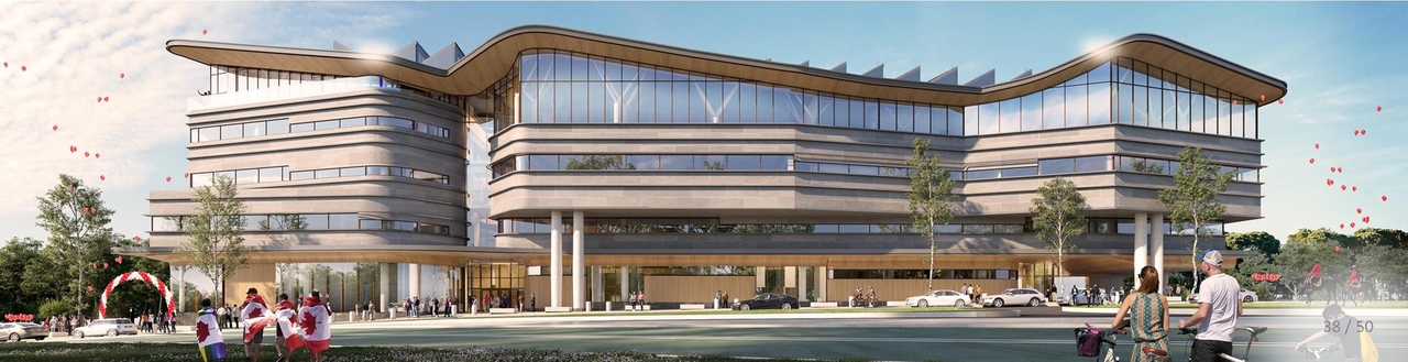 Rendering of building from page 38 of the file '2020-08-05 - Joint Design Review Panel - August 5 - Design Brief FR - D07-12-20-0077'
