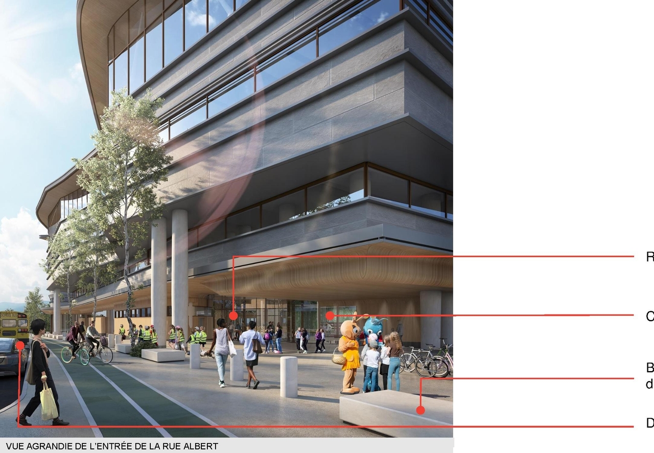 Rendering of building from page 41 of the file '2020-08-05 - Joint Design Review Panel - August 5 - Design Brief FR - D07-12-20-0077'