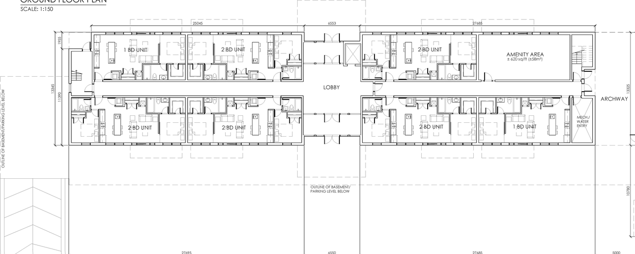 Construction site plan for project from page 1 of the file '2021-04-29 - Basement and Ground Floor Plan - D07-12-20-0167'