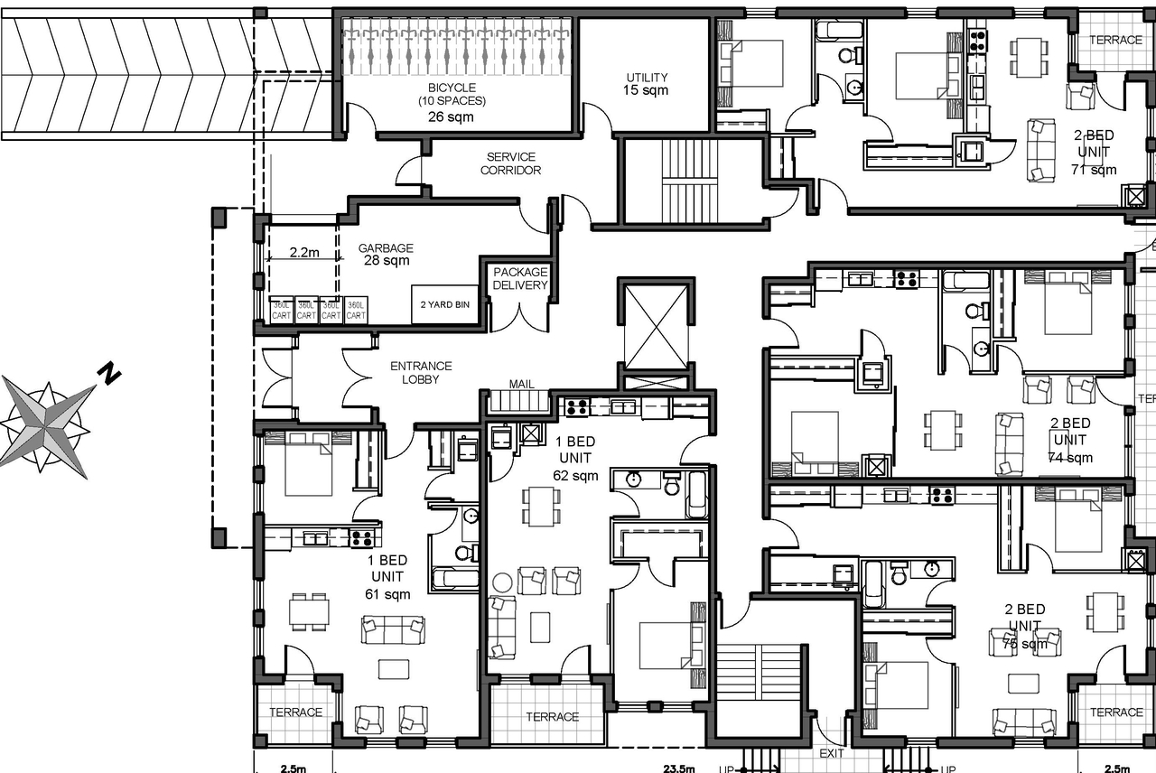 Construction site plan for project from page 1 of the file '2023-01-06 - Floor Plans and UG Parking Plan - D07-12-21-0024'