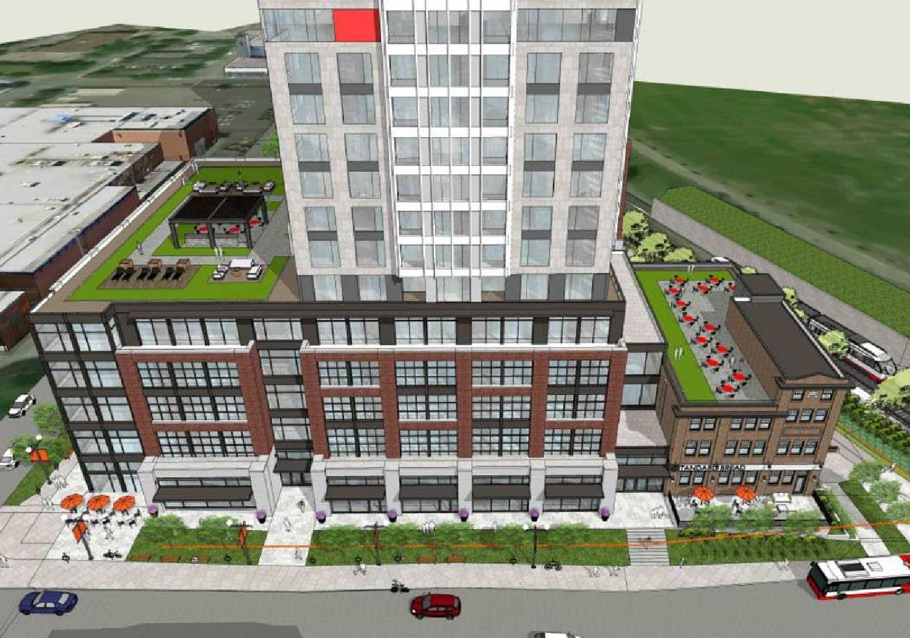 Rendering of building from page 14 of the file '2021-04-26 - Planning Rationale and Design Brief - D07-12-21-0053'