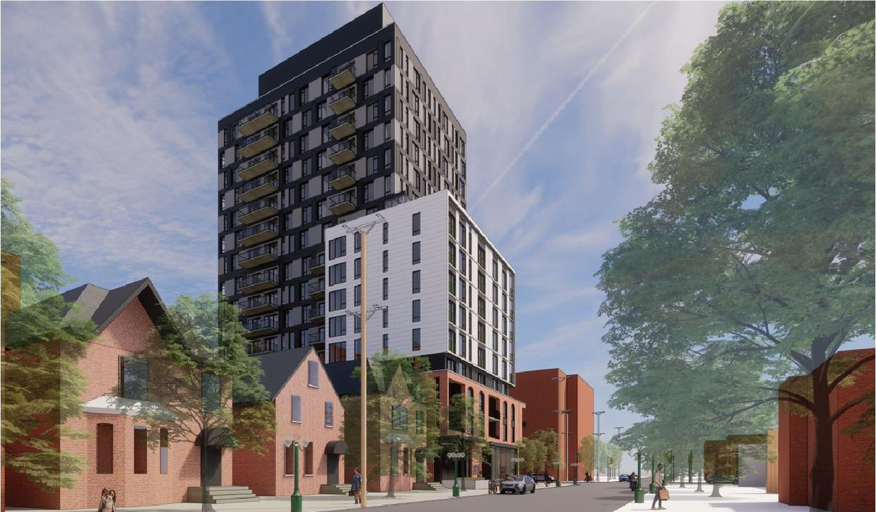Rendering of building from page 14 of the file '2021-05-20 - Planning Rationale and Design Brief - D07-12-21-0065'
