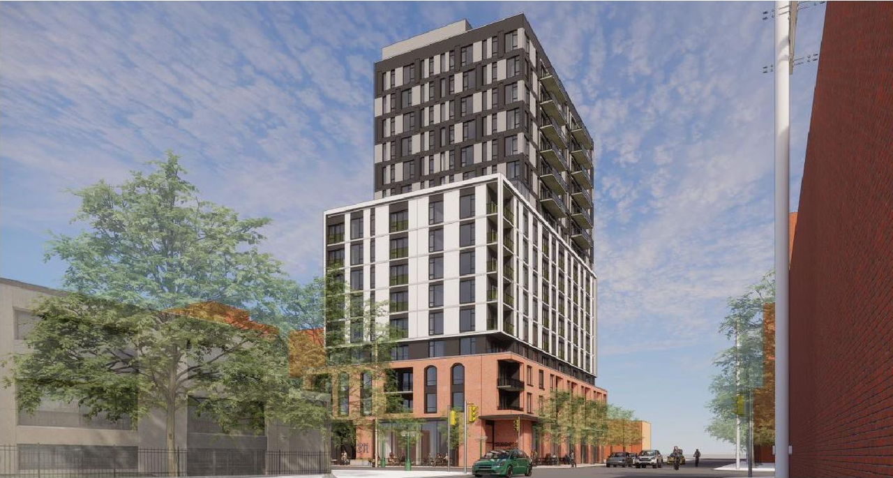 Rendering of building from page 15 of the file '2021-05-20 - Planning Rationale and Design Brief - D07-12-21-0065'