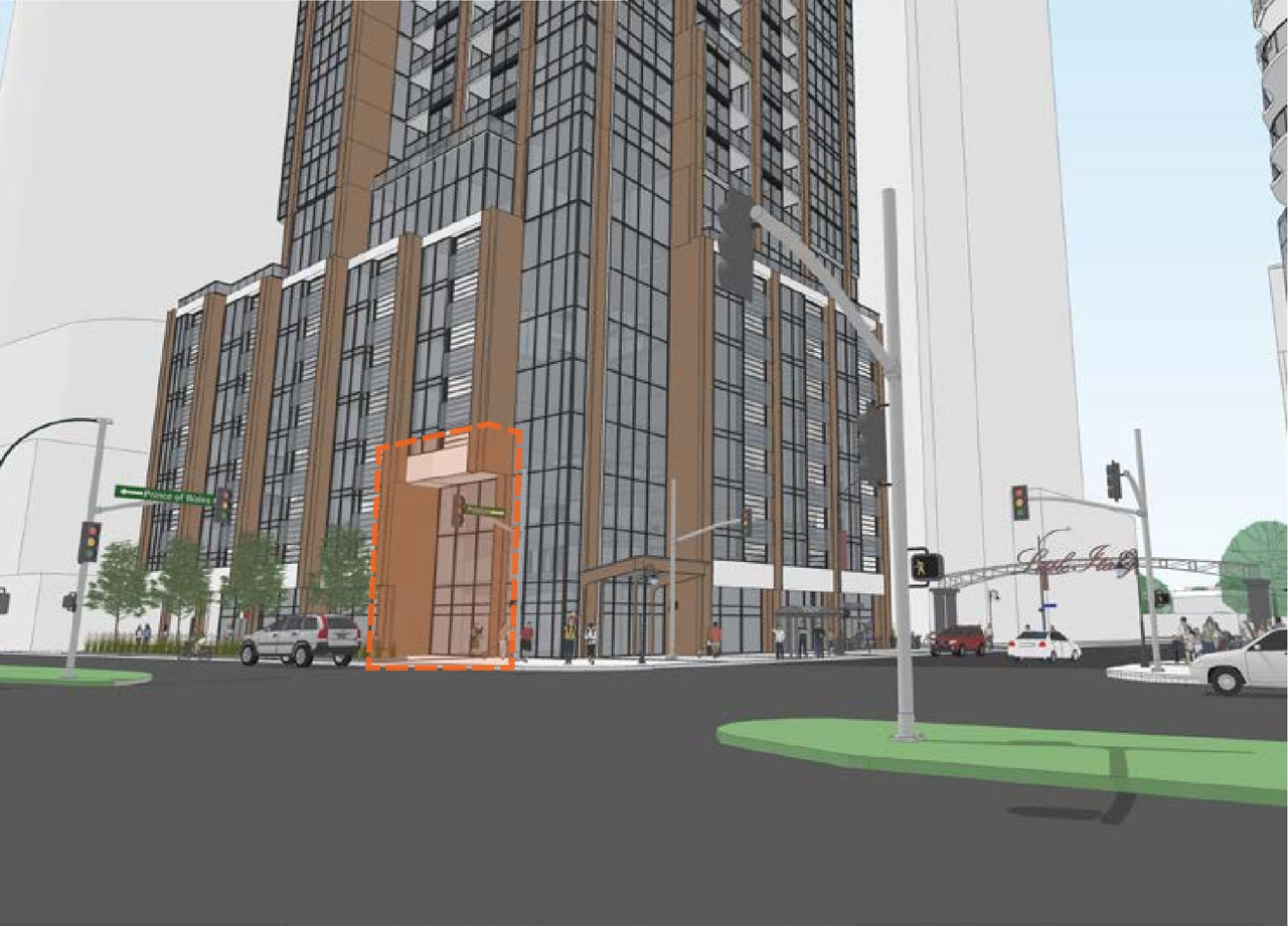 Rendering of building from page 54 of the file '2021-07-23 - Planning Rationale and Design Brief - D07-12-21-0067'