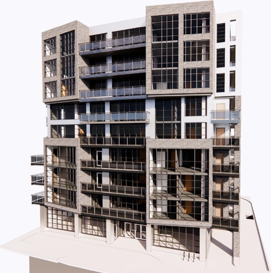 Rendering of building from page 24 of the file '2021-06-21 - Design Brief - D07-12-21-0088'