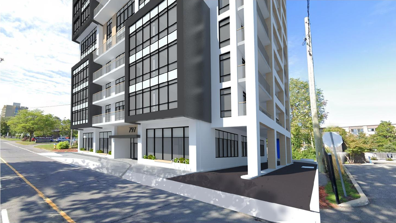 Rendering of building from page 27 of the file '2021-06-21 - Design Brief - D07-12-21-0088'