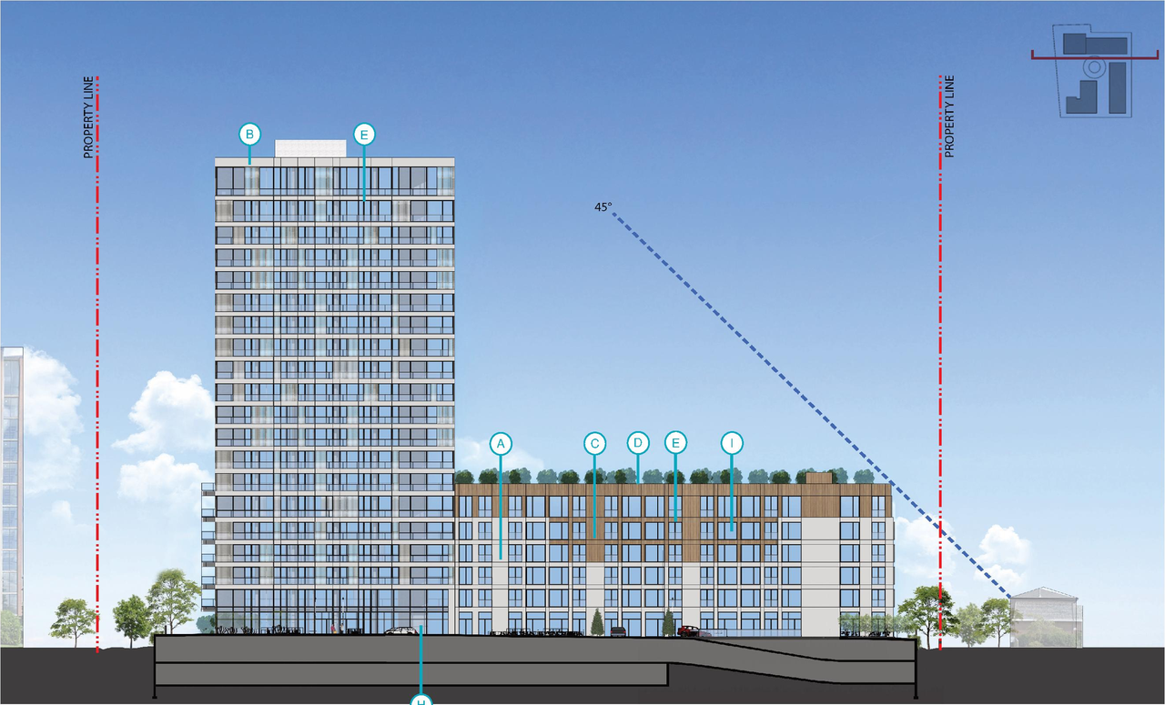 Rendering of building from page 53 of the file '2022-08-05 - Design Brief - D07-12-21-0089'