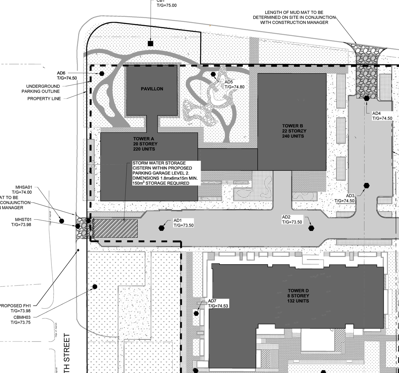 Construction site plan for project from page 22 of the file '2021-12-20 - REVISION 3 Site Servicing Design Brief - D07-12-21-0092'