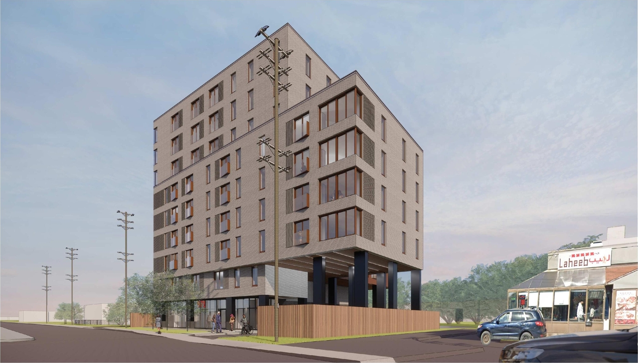 Rendering of building from page 10 of the file '2021-06-29 - Urban Design Package - D07-12-21-0094'