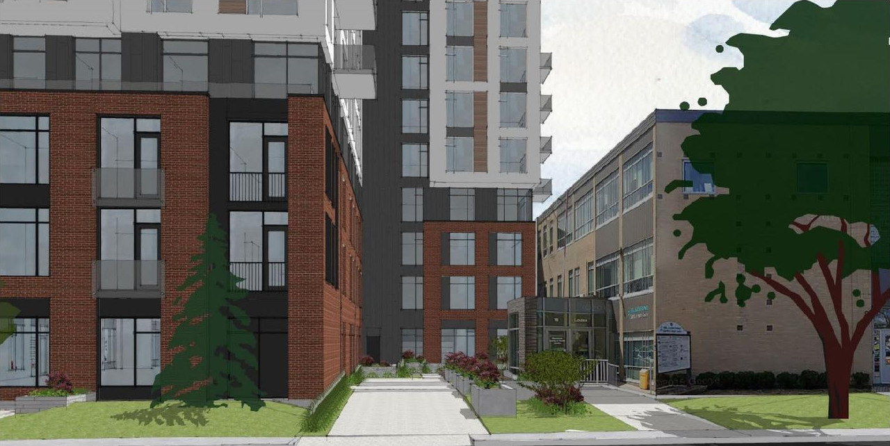 Rendering of building from page 20 of the file '2021-07-09 - Planning Rationale and Design Brief - D07-12-21-0102'