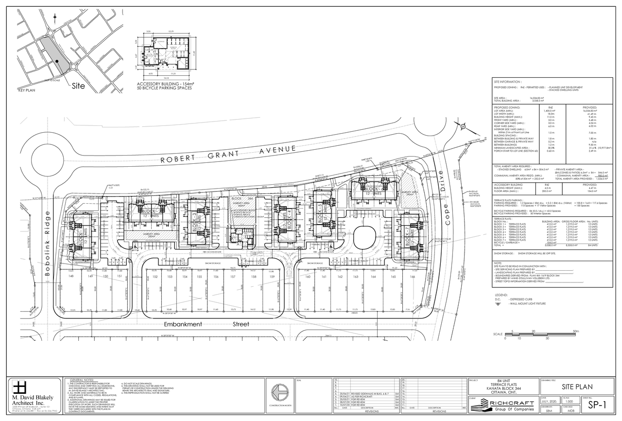 Construction site plan for project from page 42 of the file '2021-07-14 - Planning Rationale and Design Brief - D07-12-21-0107'