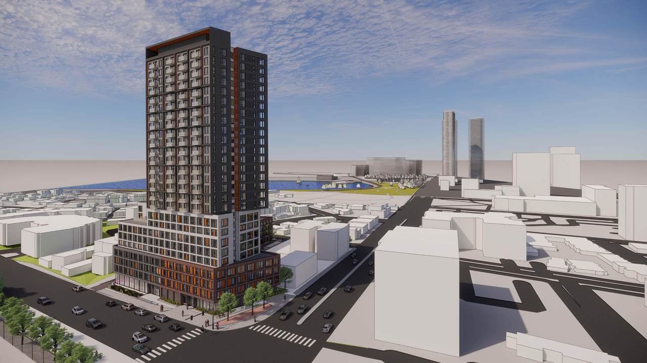 Rendering of building from page 1 of the file '2021-07-19 - Bird's Eye VIEW WEST - D07-12-21-0108'