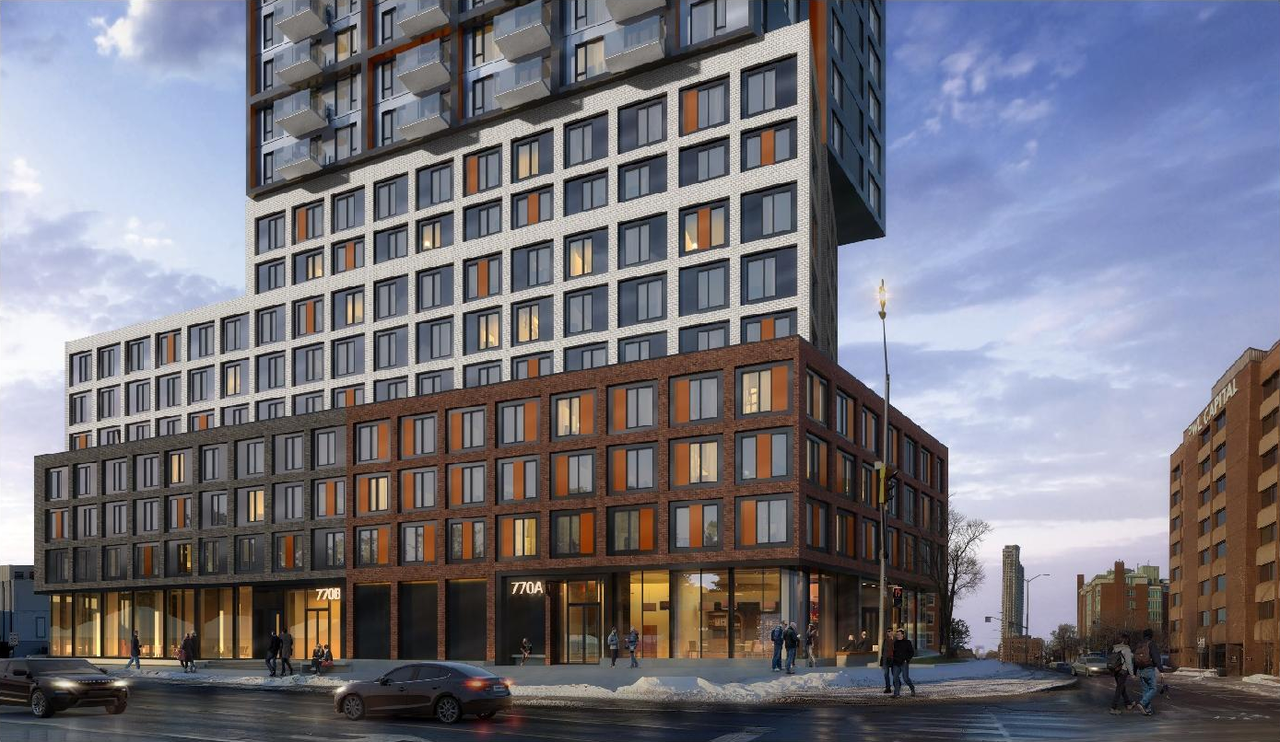 Rendering of building from page 11 of the file '2021-07-19 - Planning Rationale and Design Brief - D07-12-21-0108'