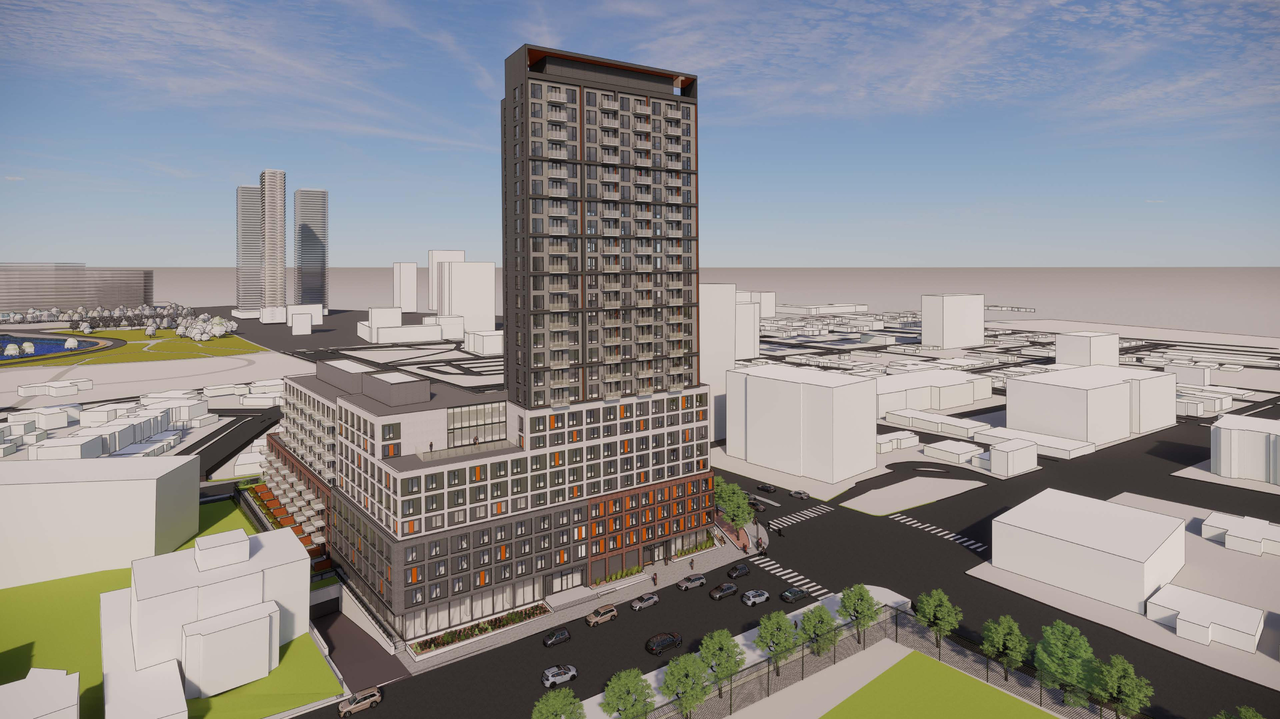Rendering of building from page 1 of the file '2021-07-19 - South East Bird's Eye West View - D07-12-21-0108'