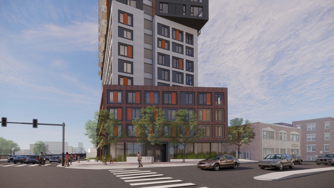 Rendering of building from page 1 of the file '2021-07-19- Rendering VIEW LOOKING WEST - D07-12-21-0108'