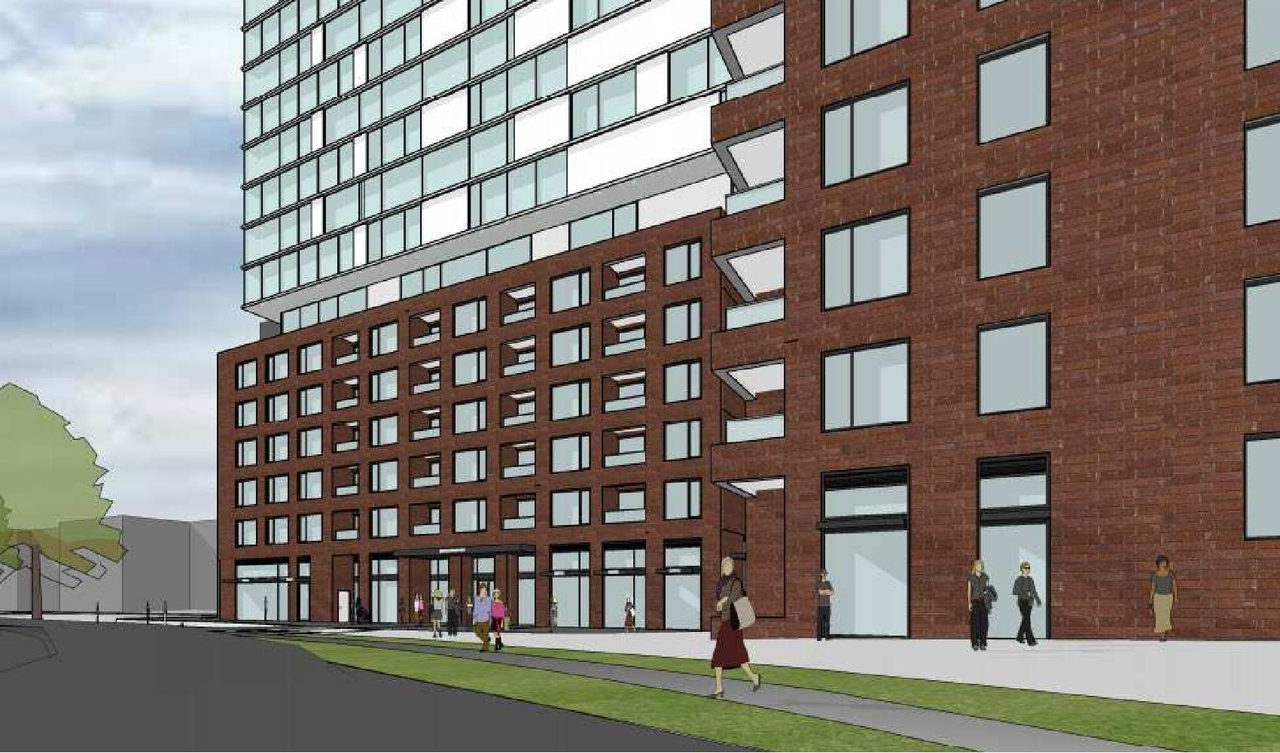 Rendering of building from page 1 of the file '2021-07-29 - Planning Rationale and Design Brief - D07-12-21-0110'