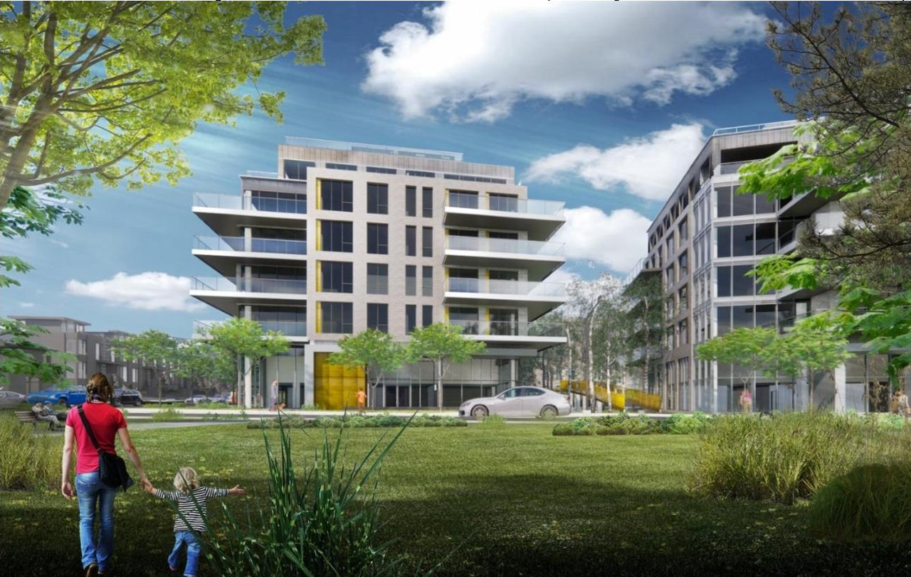 Rendering of building from page 35 of the file '2021-07-26 - Planning Rationale and Design Brief - D07-12-21-0111'