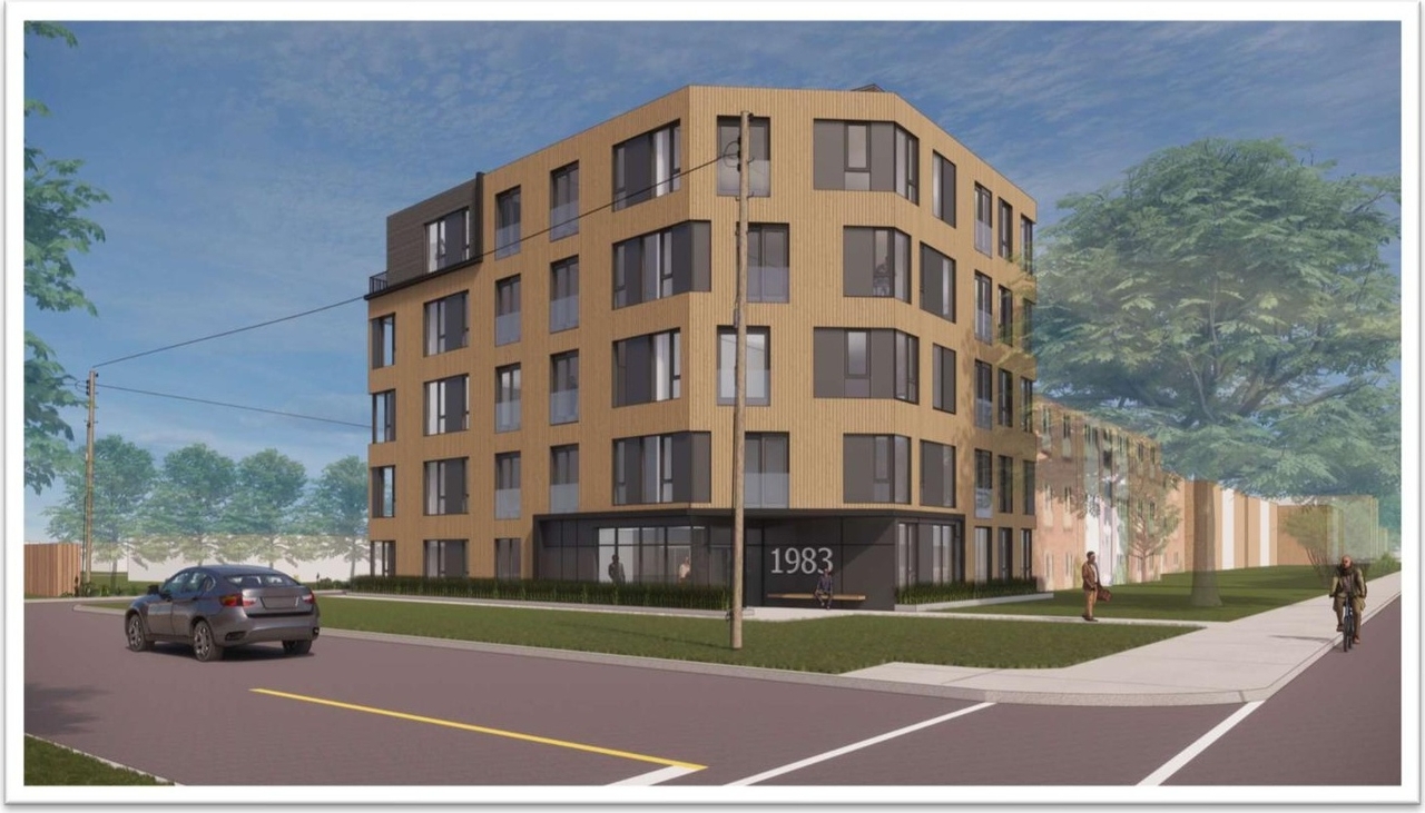 Rendering of building from page 1 of the file '2021-09-20 - Planning Rationale and Design Brief - D07-12-21-0145'