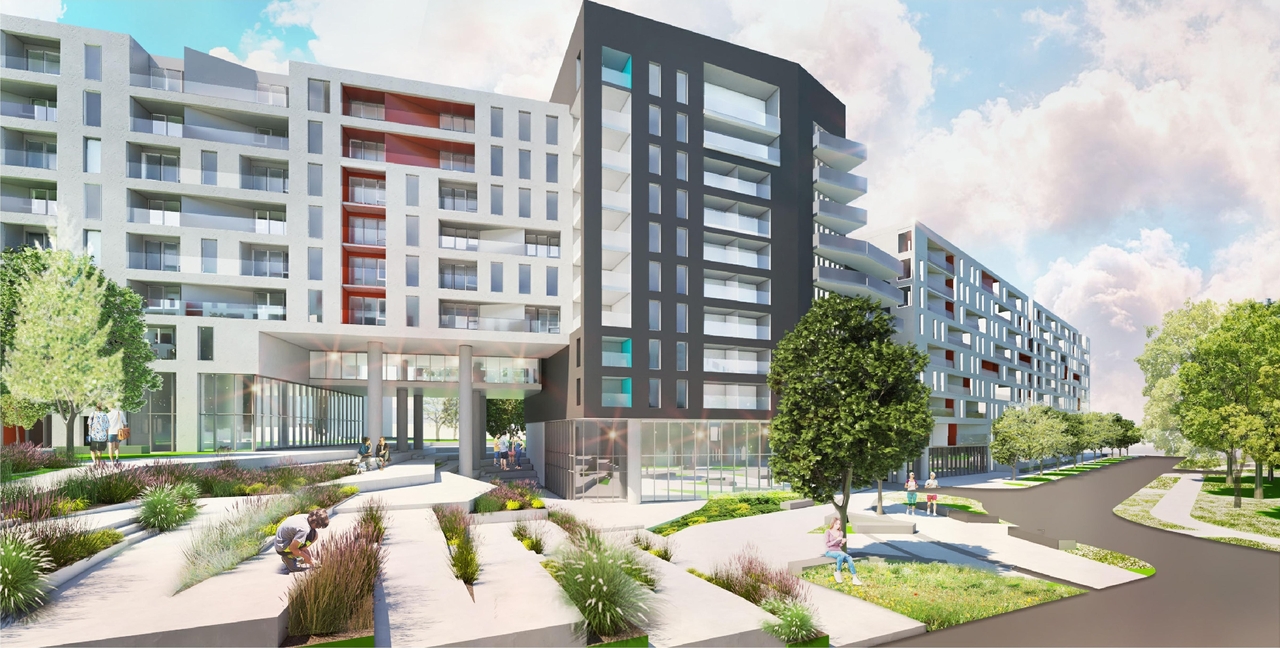 Rendering of building from page 1 of the file '2021-09-27 - Site Plan Shadow Analysis Floor Plans - D07-12-21-0152'