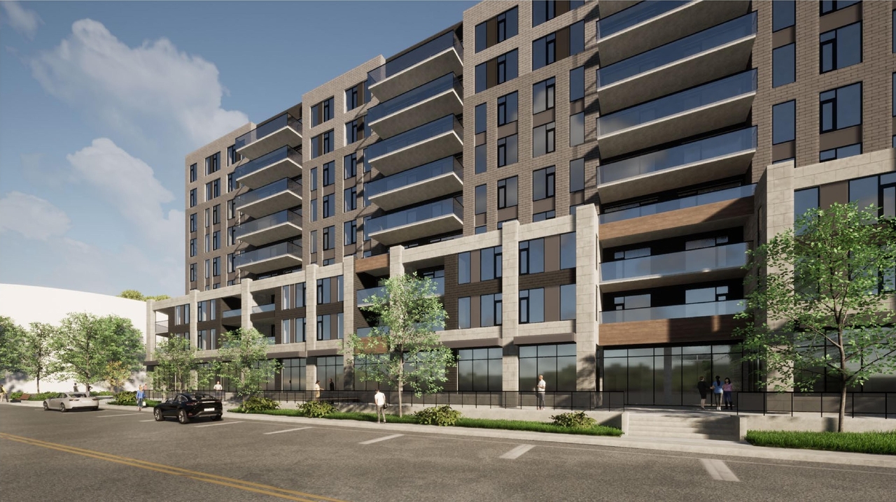 Rendering of building from page 1 of the file '2021-09-28 - View of Building from Kanata Avenue and Pedestrian Area Rendering - D07-12-21-0153'