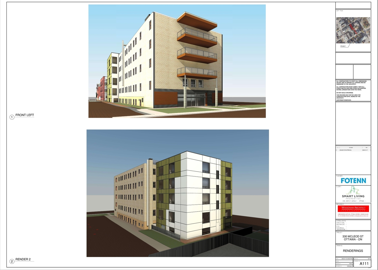 Rendering of building from page 6 of the file '2023-10-12 - Floor Plan Package - D07-12-21-0171'