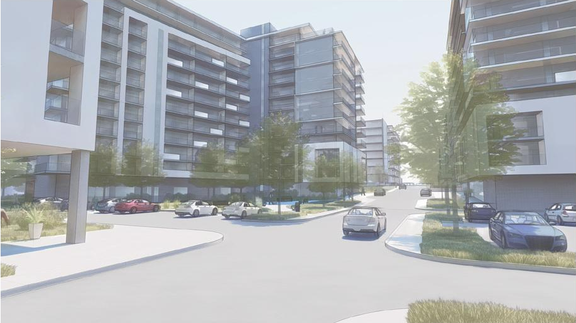 Rendering of building from page 82 of the file '2026-07-03 - Design Brief - D07-12-21-0177'