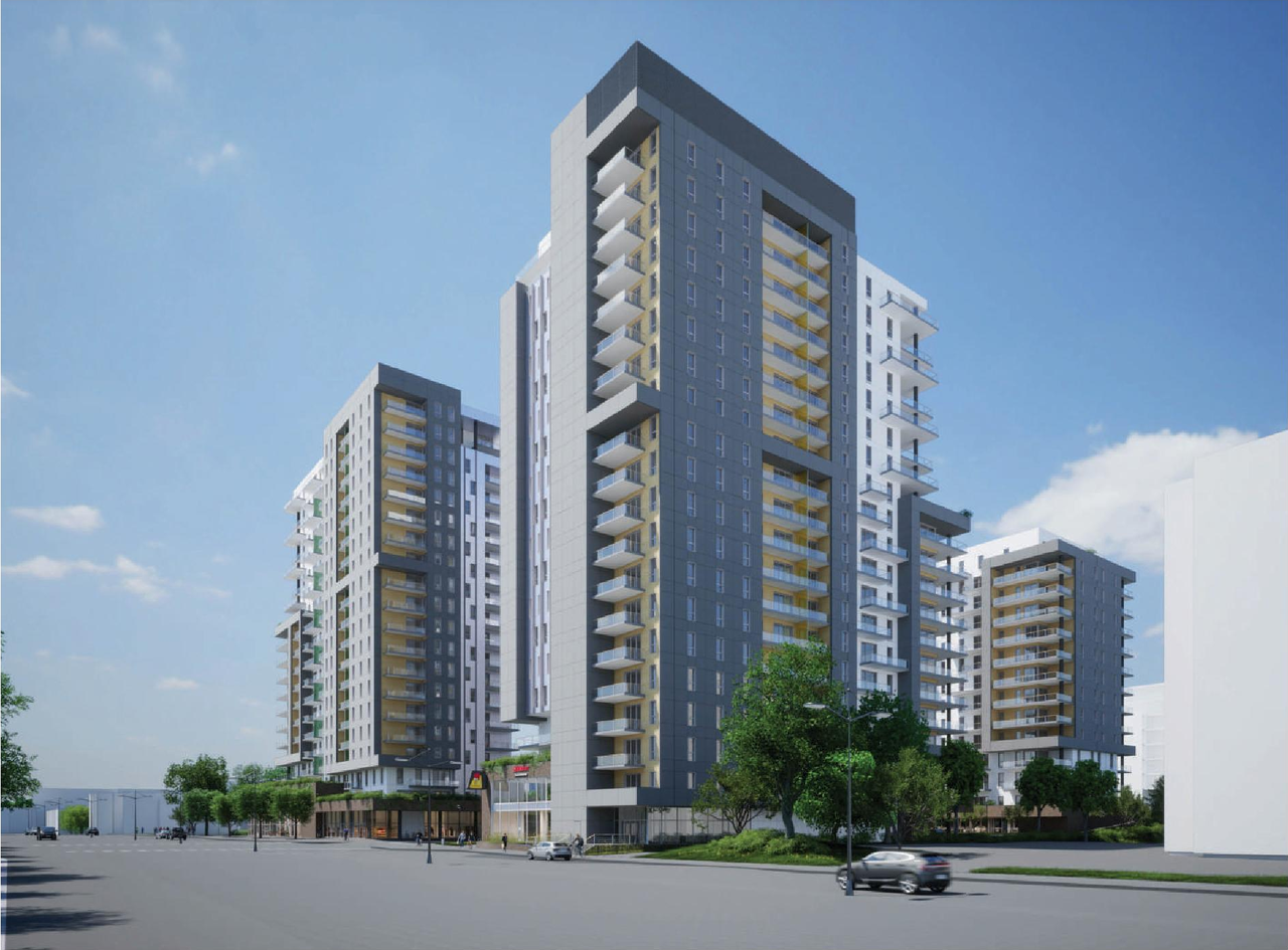 Rendering of building from page 17 of the file '2023-10-13 - Design Brief - D07-12-21-0177'
