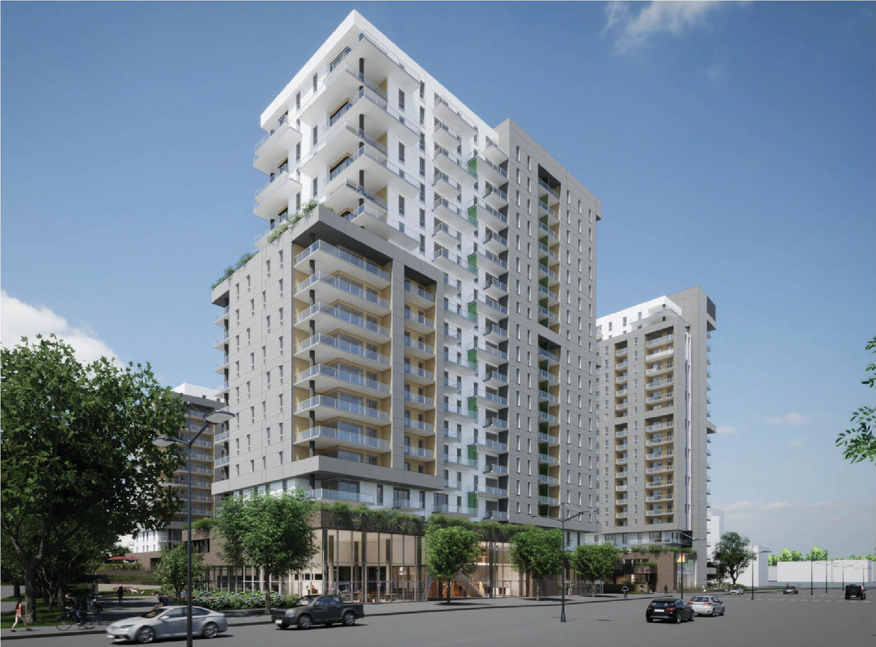 Rendering of building from page 32 of the file '2023-10-13 - Design Brief - D07-12-21-0177'
