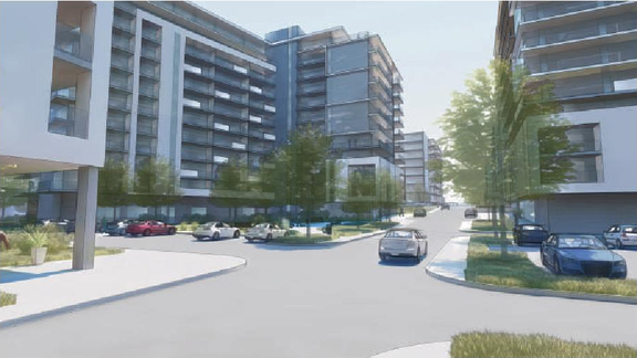 Rendering of building from page 6 of the file '2023-10-13 - Design Brief - D07-12-21-0177'