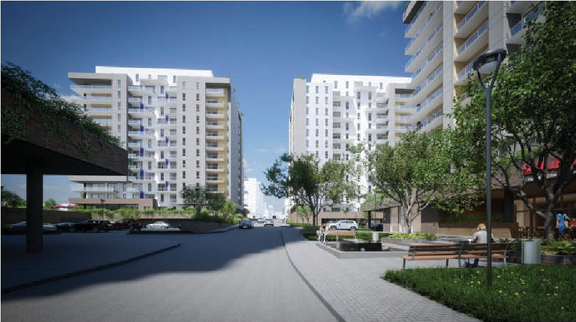 Rendering of building from page 6 of the file '2023-10-13 - Design Brief - D07-12-21-0177'