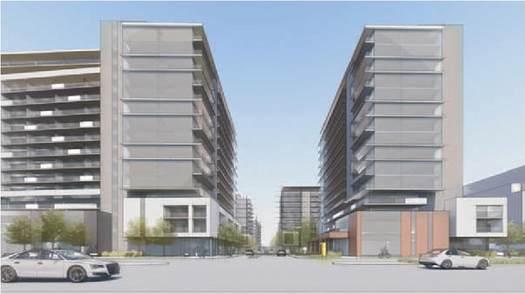 Rendering of building from page 8 of the file '2023-10-13 - Design Brief - D07-12-21-0177'