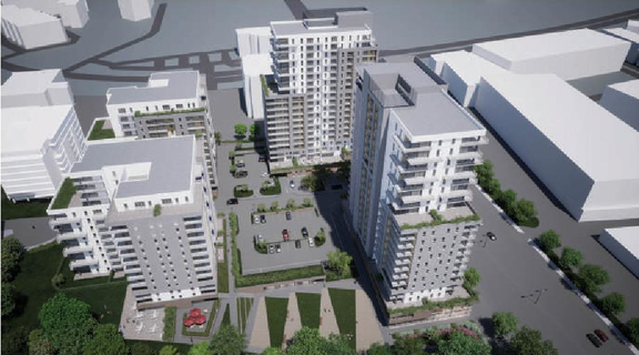 Rendering of building from page 9 of the file '2023-10-13 - Design Brief - D07-12-21-0177'
