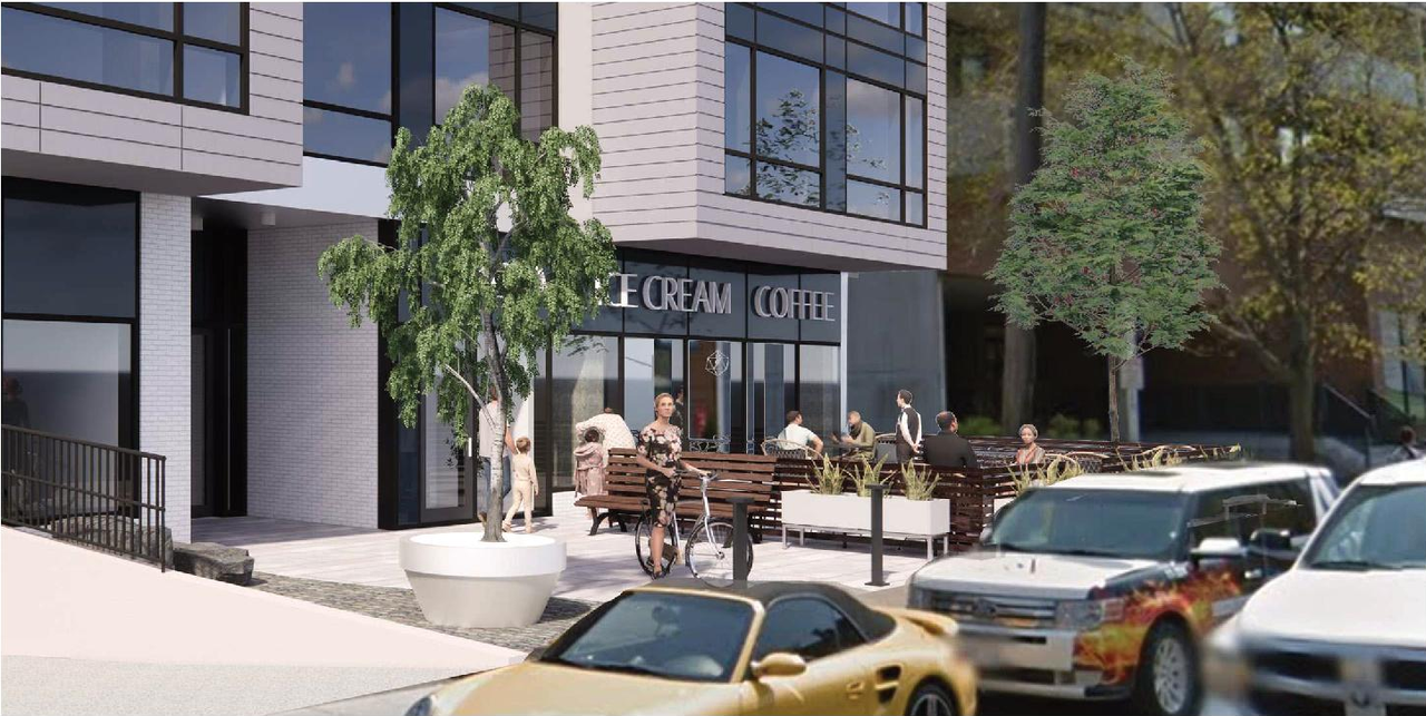 Rendering of building from page 29 of the file '2021-10-28 - Design Brief and Shadow Analysis - D07-12-21-0180'