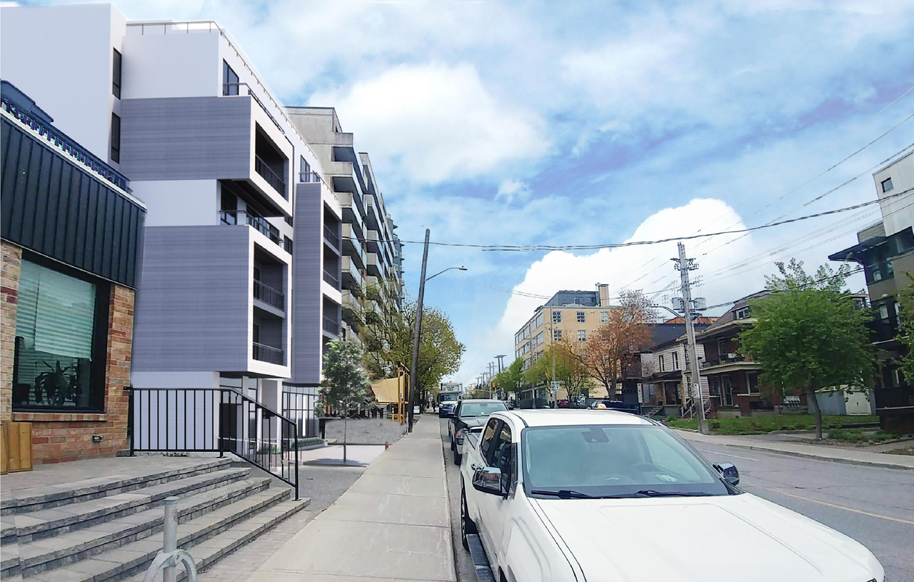 Rendering of building from page 23 of the file '2022-09-20 - Design Brief - D07-12-21-0180'