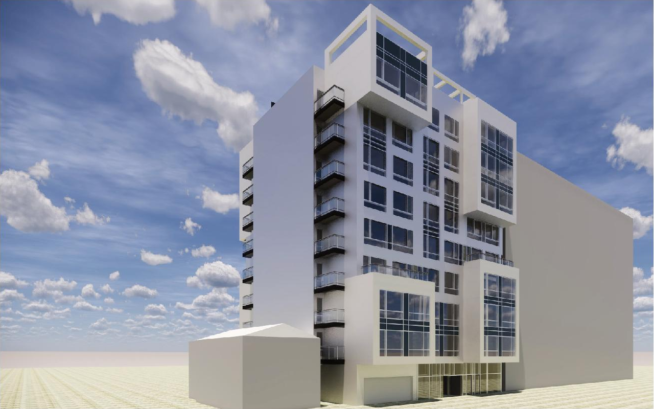 Rendering of building from page 26 of the file '2022-09-20 - Design Brief - D07-12-21-0180'