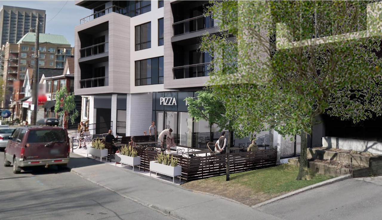 Rendering of building from page 30 of the file '2022-09-20 - Design Brief - D07-12-21-0180'
