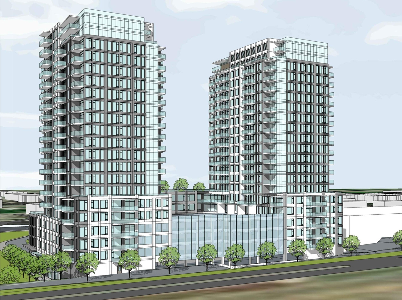 Rendering of building from page 5 of the file '2021-10-29 - Elevations, Floor Plans, Shadow Study - D07-12-21-0182'