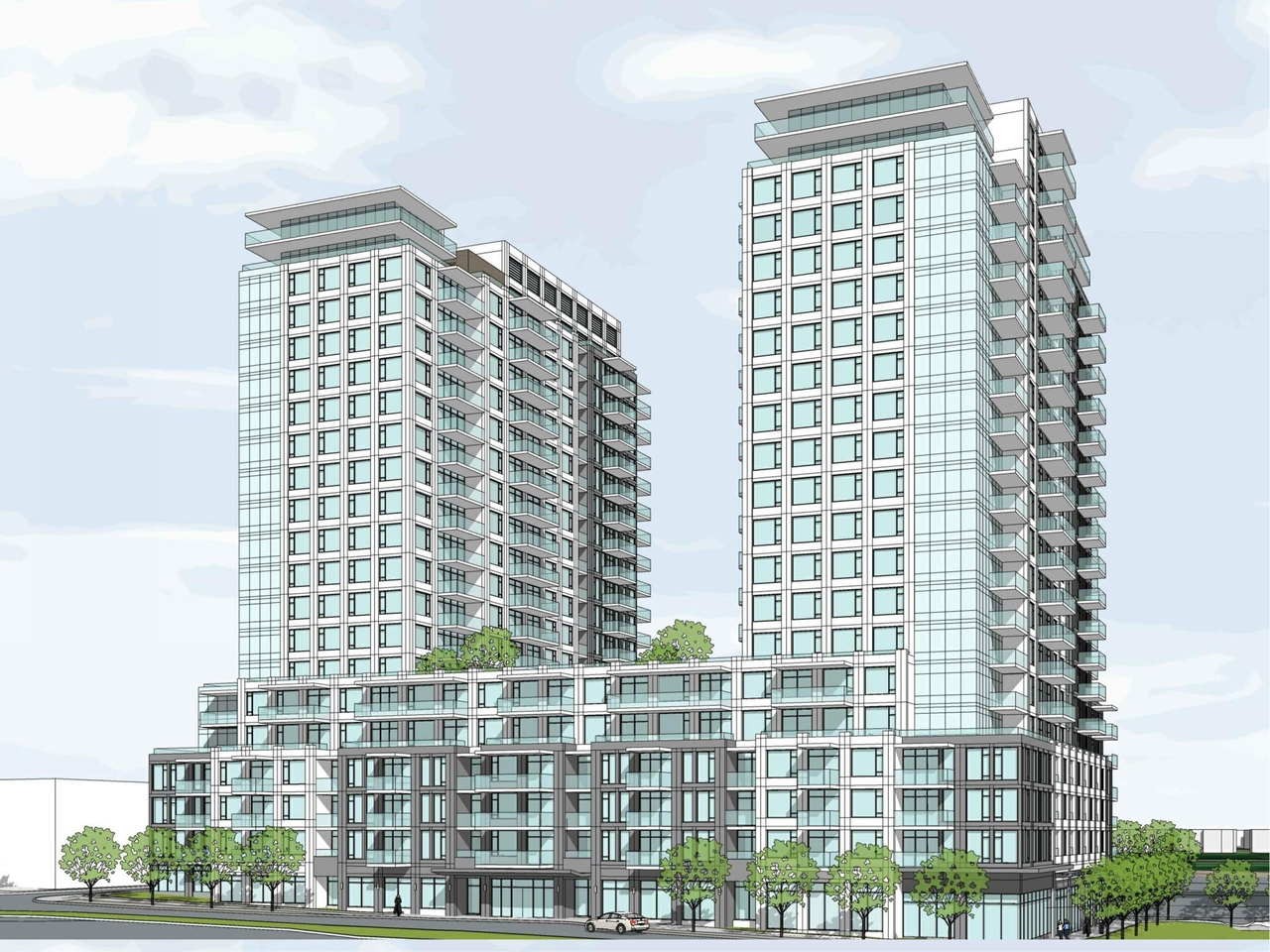 Rendering of building from page 5 of the file '2021-10-29 - Elevations, Floor Plans, Shadow Study - D07-12-21-0182'