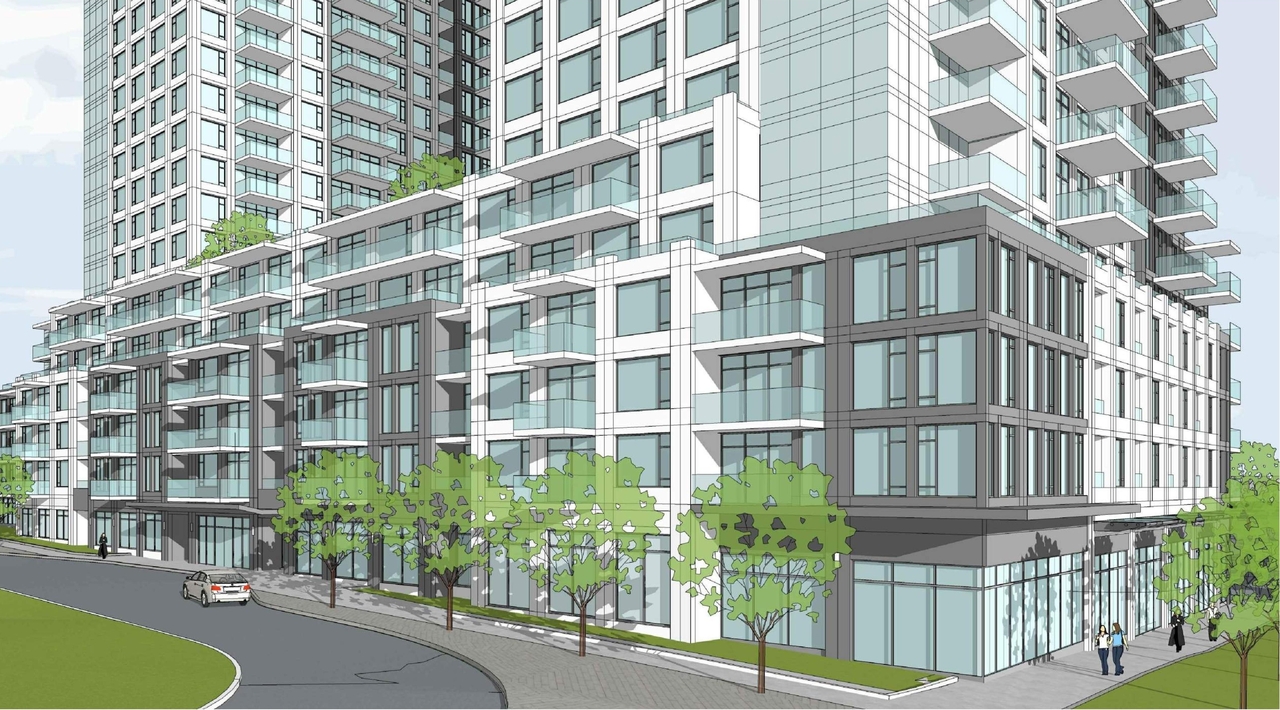 Rendering of building from page 6 of the file '2021-10-29 - Elevations, Floor Plans, Shadow Study - D07-12-21-0182'