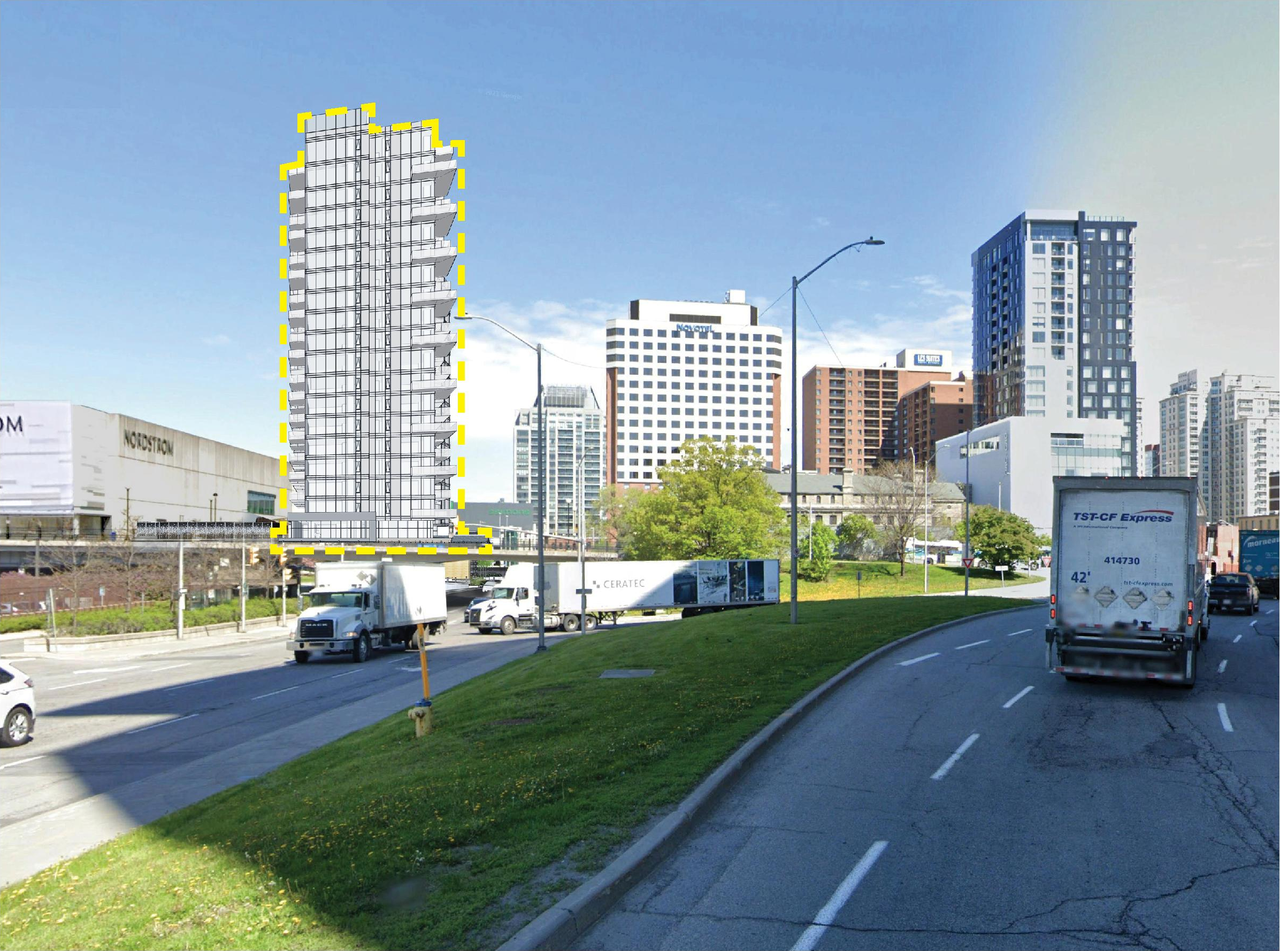 Rendering of building from page 78 of the file '2022-09-09 - Design Brief - D07-12-21-0197'
