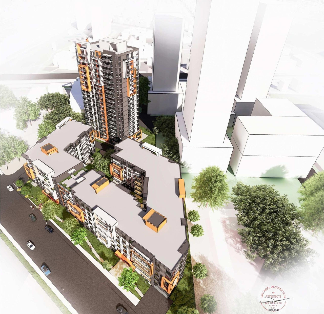 Rendering of building from page 11 of the file '2022-07-12 - Design Brief - D07-12-21-0214'