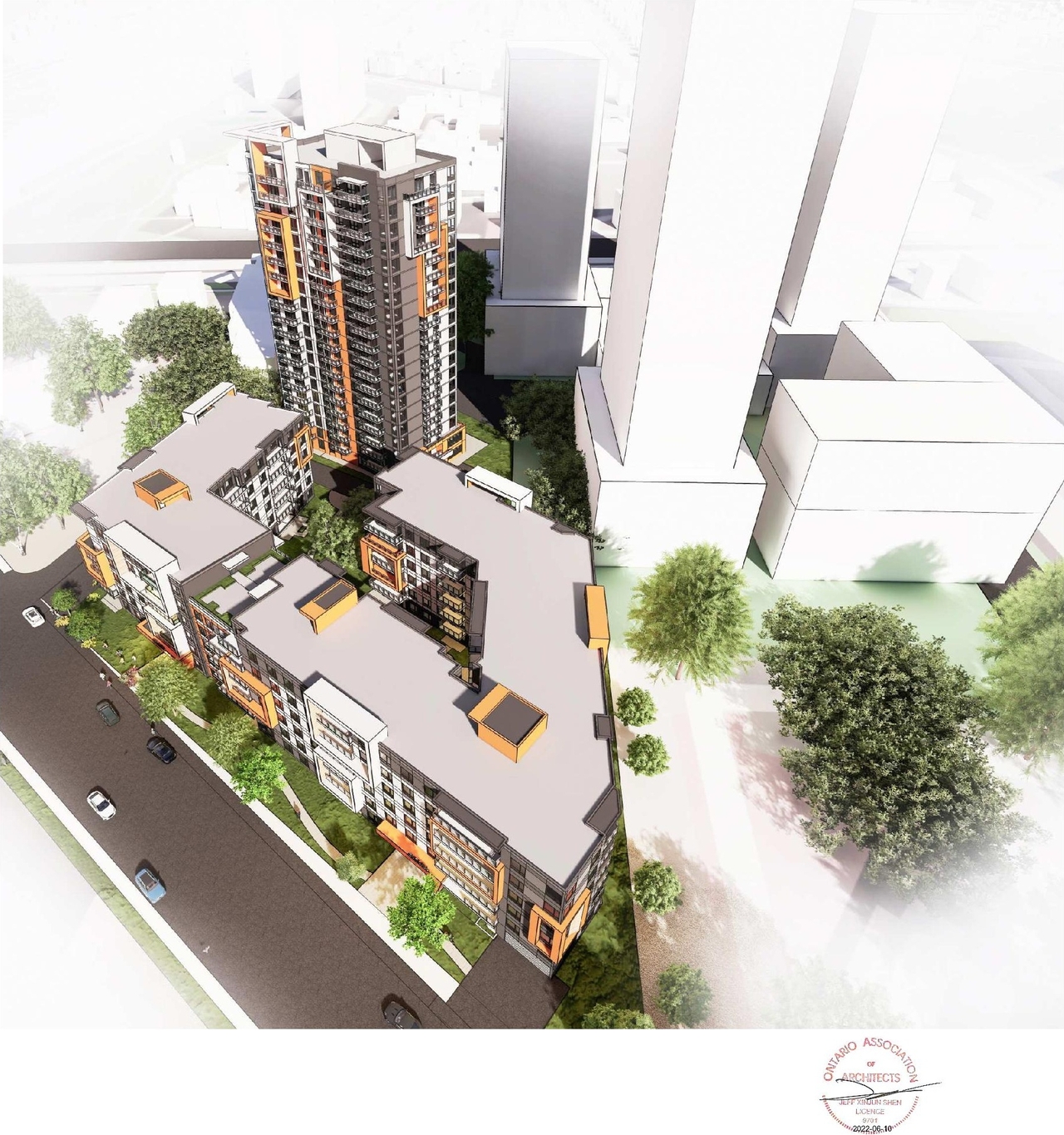 Rendering of building from page 3 of the file '2022-07-12 - Design Brief - D07-12-21-0214'